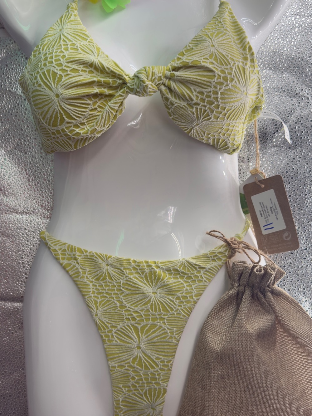 Berlook Chic Floral Textured Tie-Front Bikini Set in Lime with bag xs swim suit